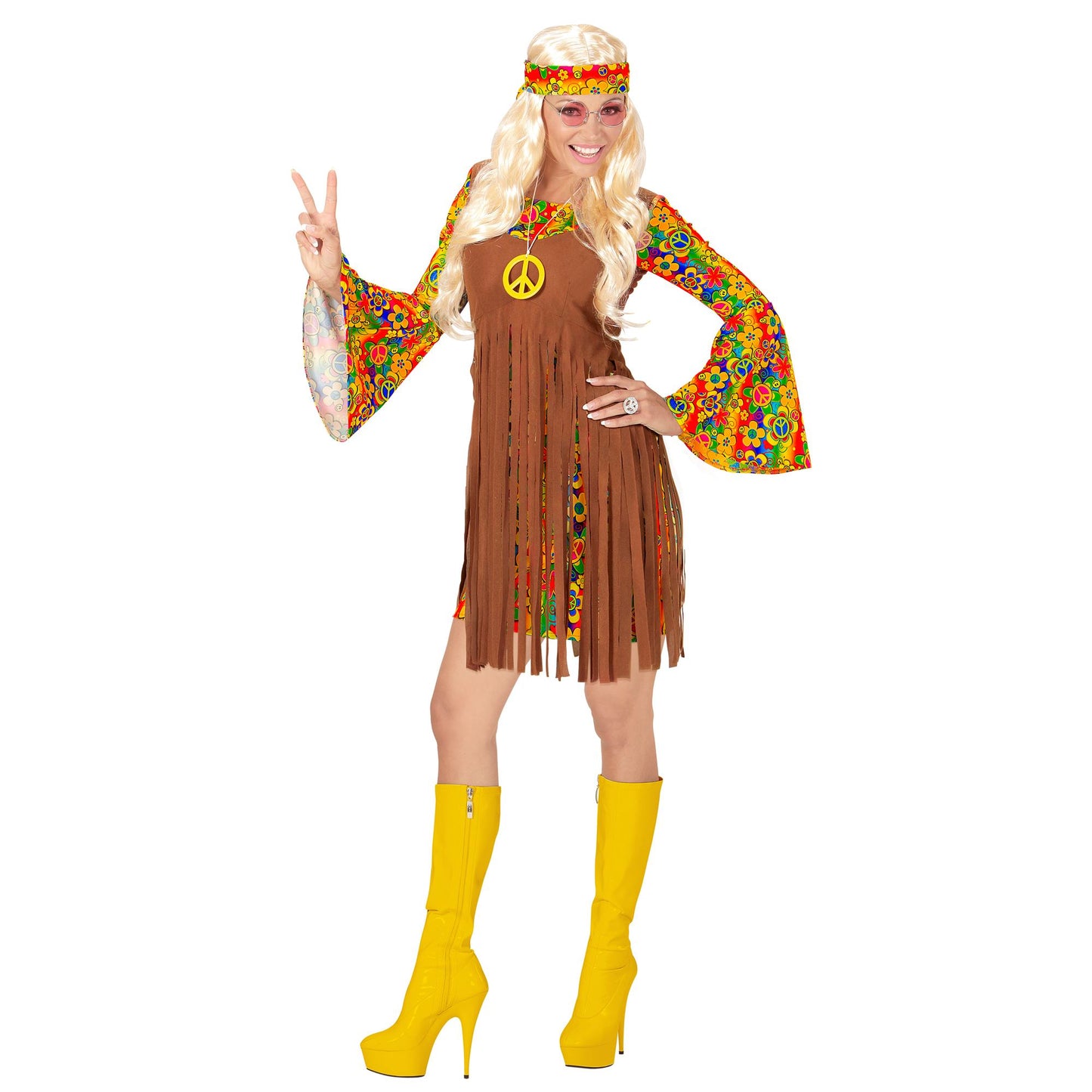 "HIPPIE GIRL" (Kleid mit Weste, Stirnband, Kette mit Peace-Zeichen) – Detailansicht