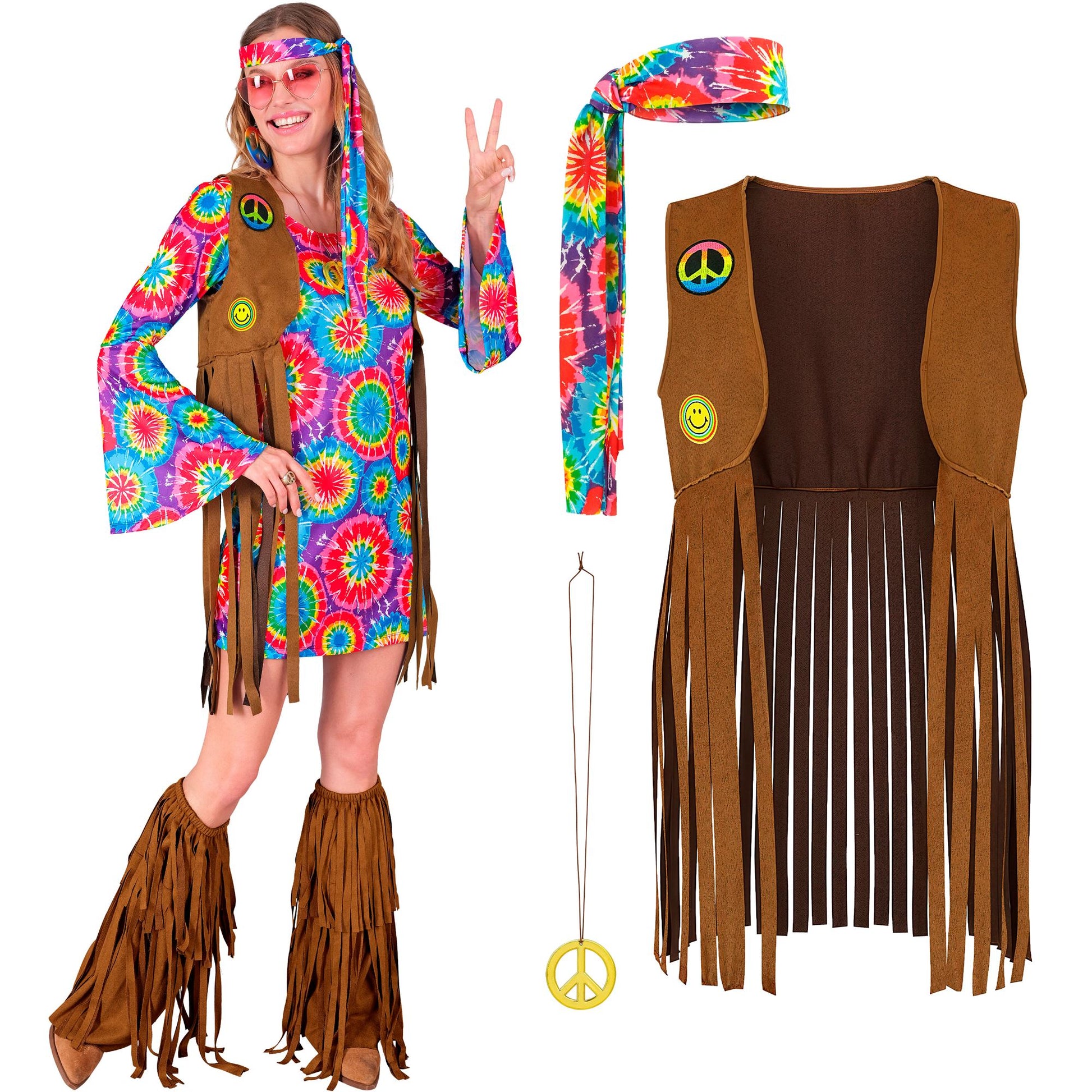 "HIPPIE" (Kleid, Weste, Stirnband, Peace-Zeichen Kette) – Detailansicht