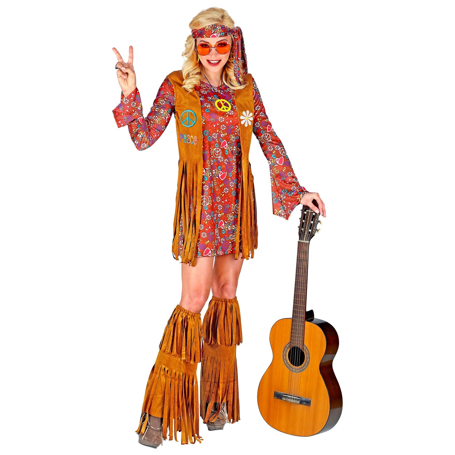 "HIPPIE" (Kleid, Weste, Stirnband, Stiefelüberzieher mit Fransen) – Vorderansicht
