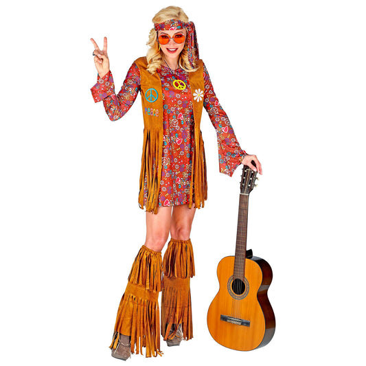 "HIPPIE" (Kleid, Weste, Stirnband, Stiefelüberzieher mit Fransen) – Vorderansicht
