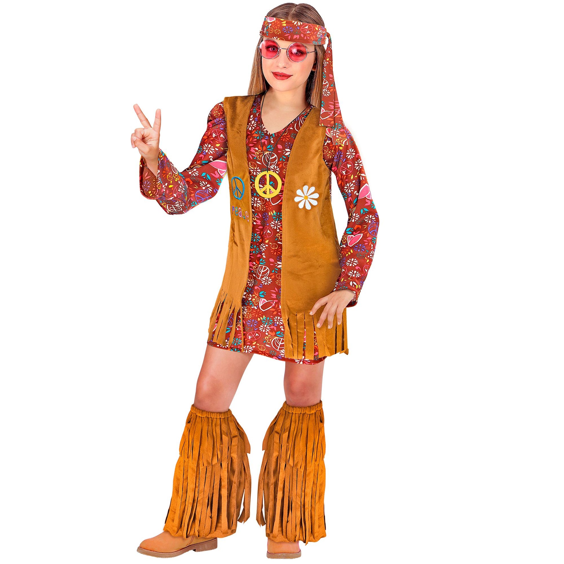 "HIPPIE" (Kleid, Weste, Stirnband, Stiefelüberzieher mit Fransen) – Vorderansicht