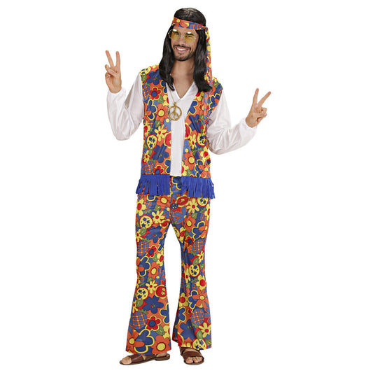 "HIPPIE MAN" (Hemd mit Weste, Hose, Kopftuch, Kette mit Peacezeichen) – Vorderansicht