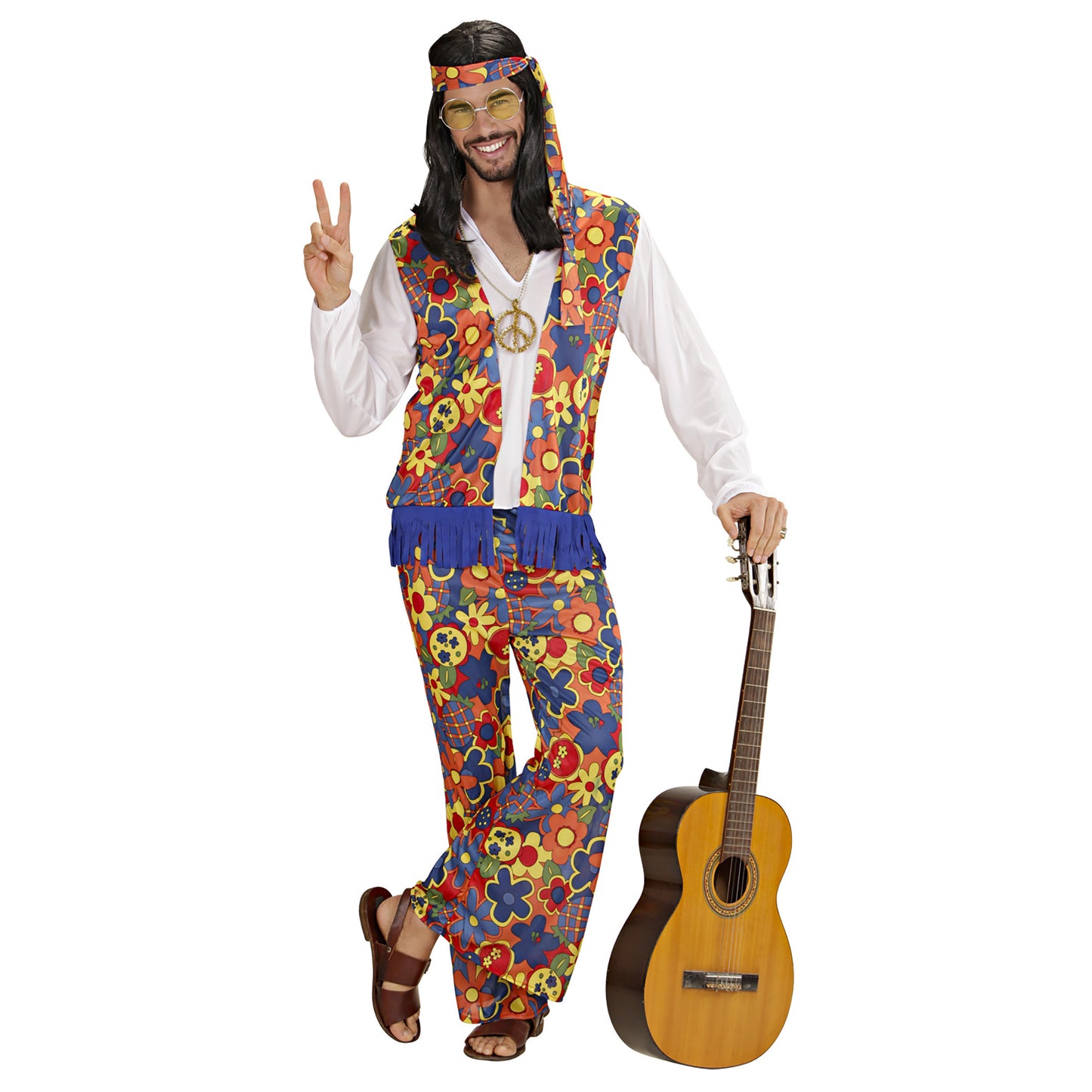 "HIPPIE MAN" (Hemd mit Weste, Hose, Kopftuch, Kette mit Peacezeichen) – Detailansicht