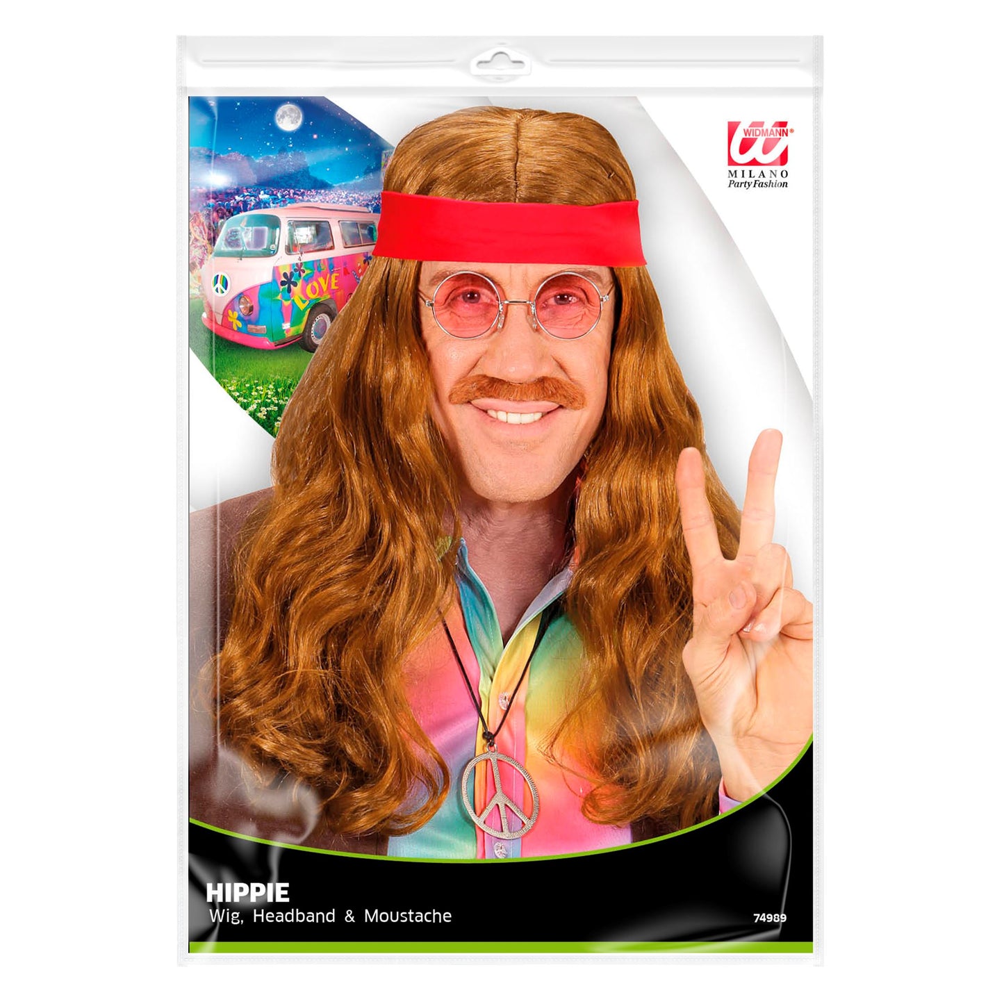 "HIPPIE PERÜCKE MIT ROTEN STIRNBART & SCHNURRBART" in Polybag – Detailansicht