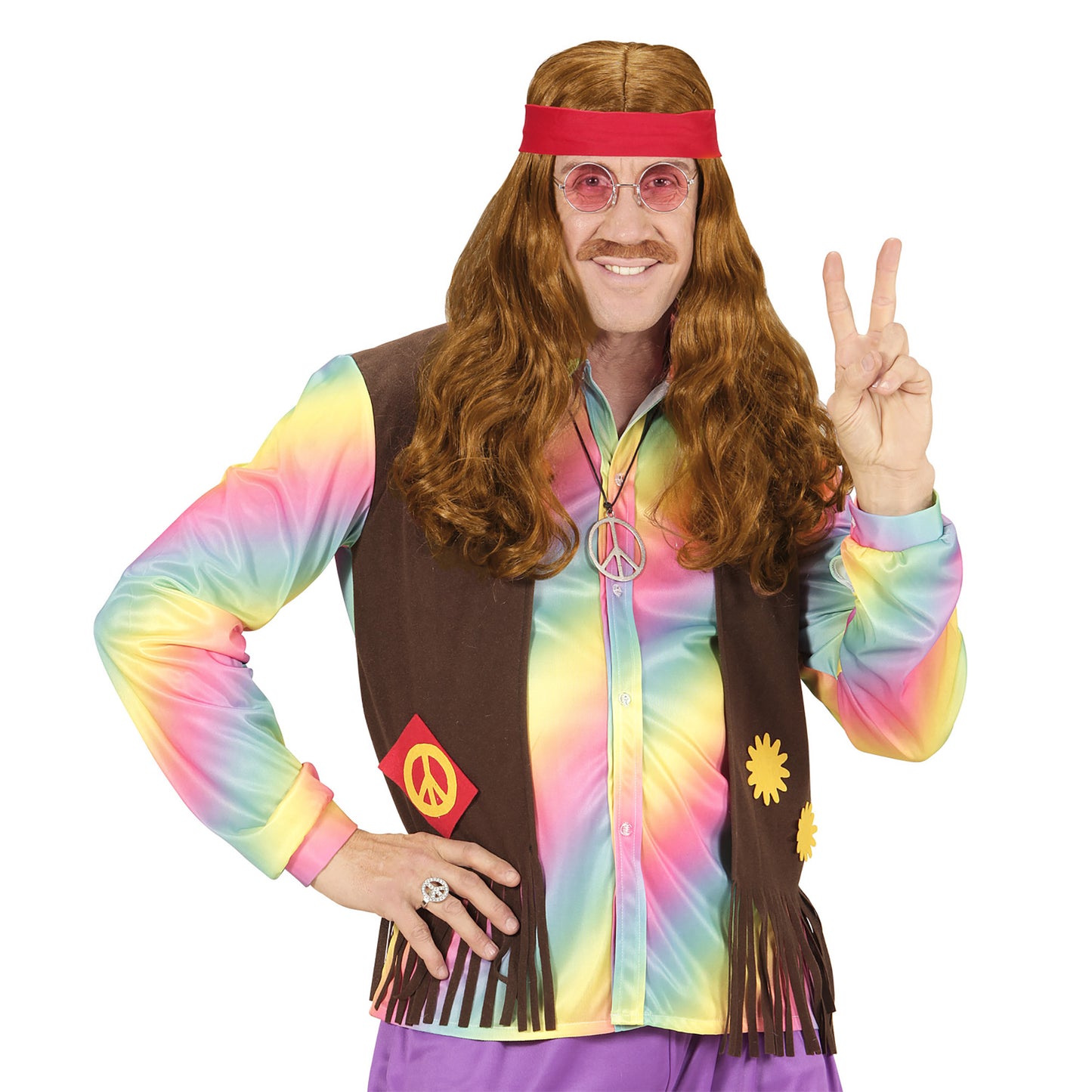 "HIPPIE PERÜCKE MIT ROTEN STIRNBART & SCHNURRBART" in Polybag – Ansicht 3