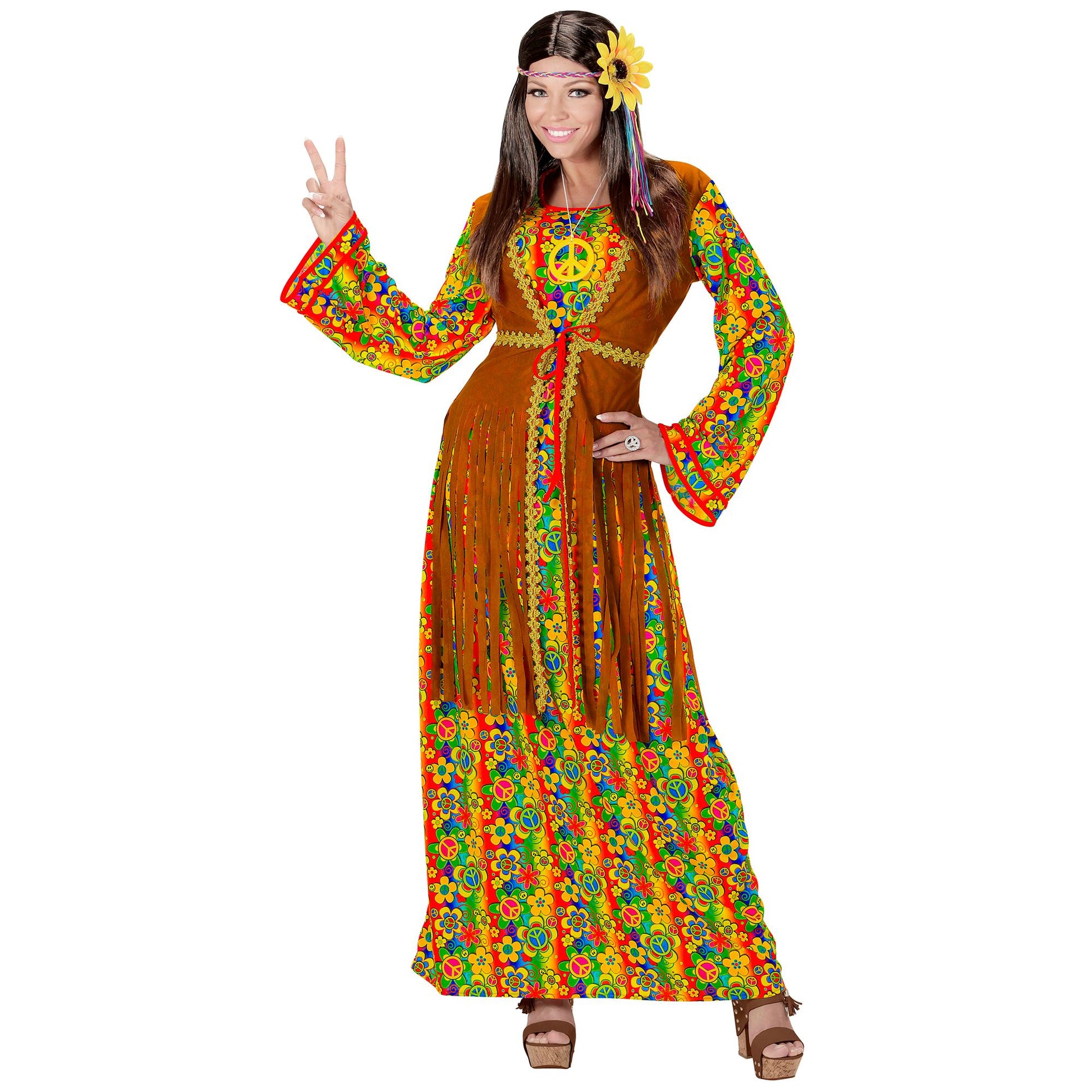 "HIPPIE WOMAN" (Kleid mit Weste, Kette mit Peace-Zeichen) – Vorderansicht