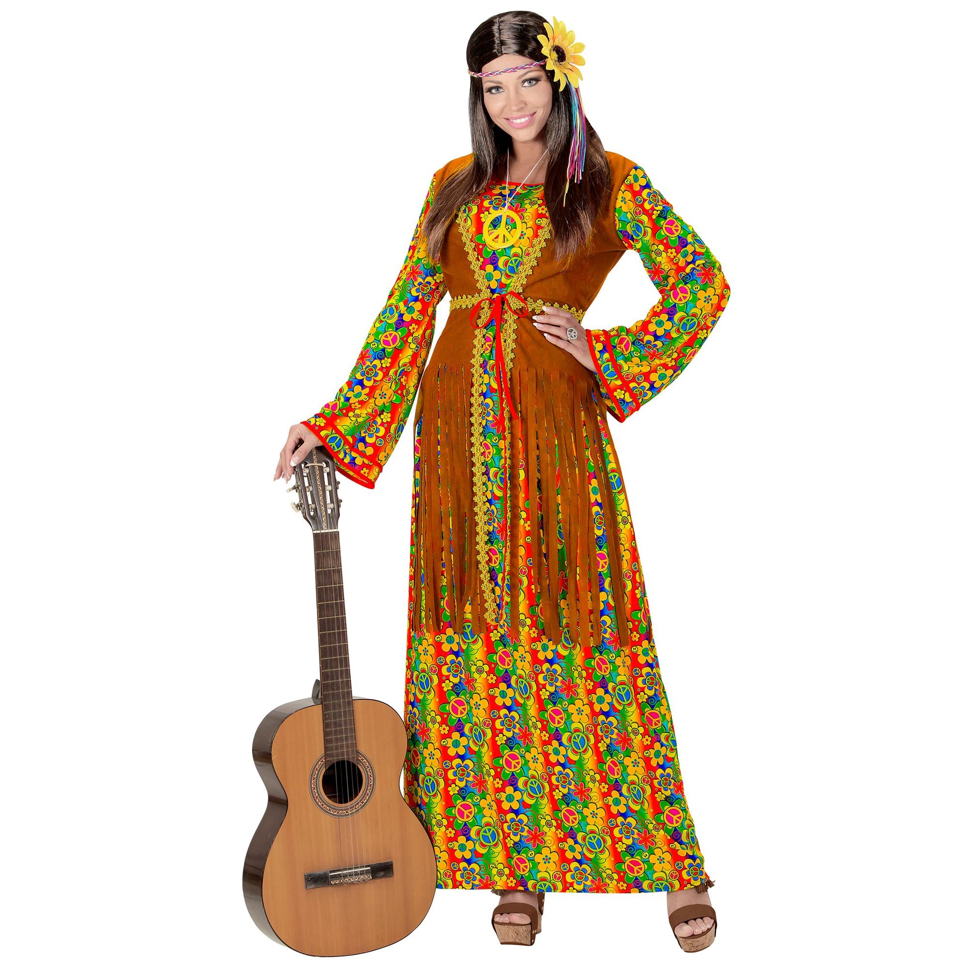 "HIPPIE WOMAN" (Kleid mit Weste, Kette mit Peace-Zeichen) – Detailansicht