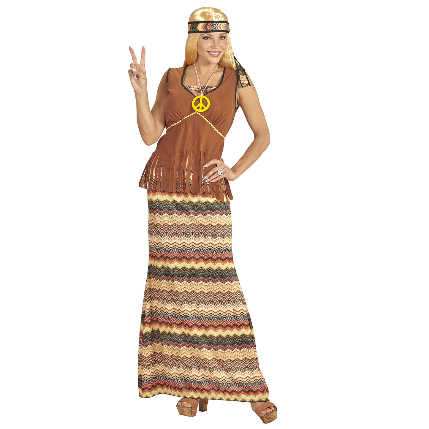 "HIPPIE WOMAN" (Kleid mit Weste, Rock, Stirnband, Kette mit Peace-Zeichen) – Vorderansicht