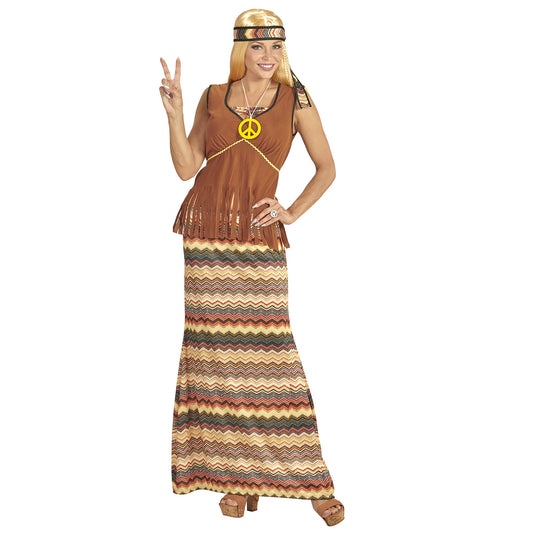 "HIPPIE WOMAN" (Kleid mit Weste, Rock, Stirnband, Kette mit Peace-Zeichen) – Vorderansicht