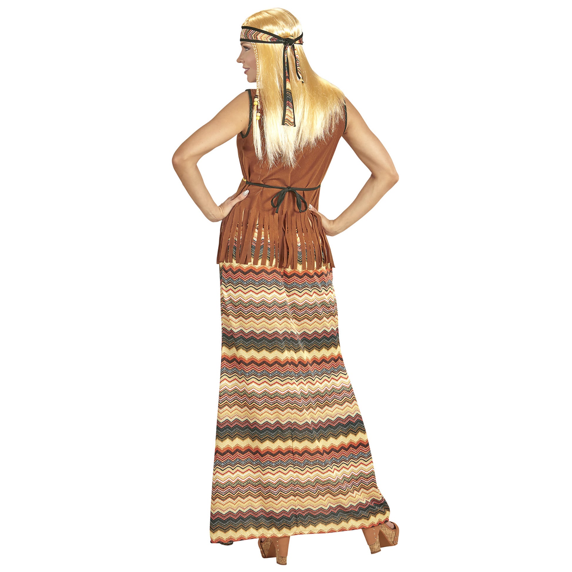 "HIPPIE WOMAN" (Kleid mit Weste, Rock, Stirnband, Kette mit Peace-Zeichen) – Detailansicht