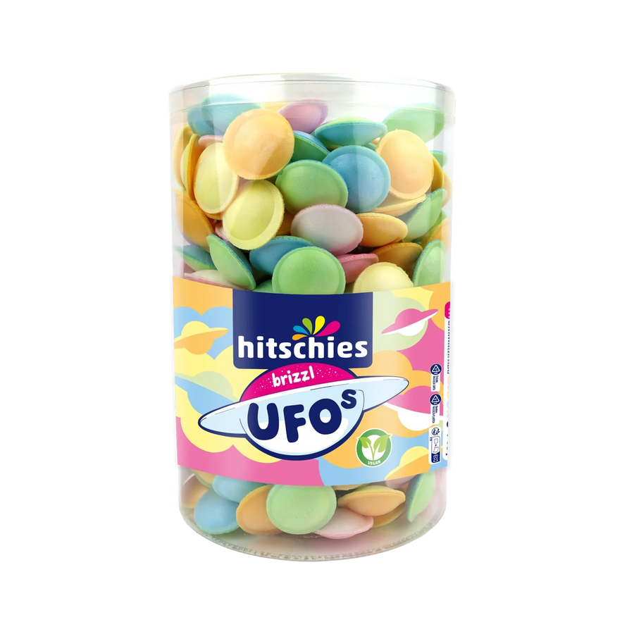 Hitschies Ufo's Dose 450 g Kaubonbons mit Brausefüllung Orange Vegan – Produktansicht