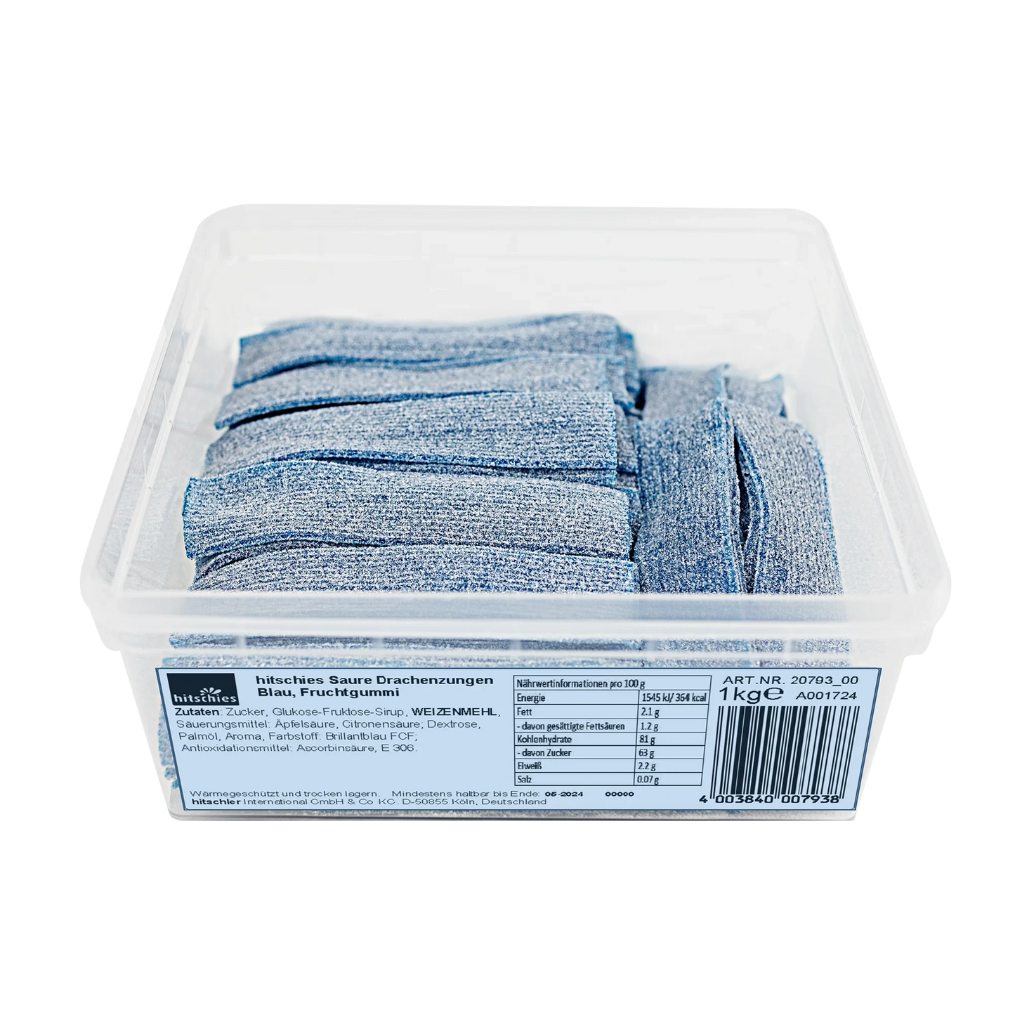 Blaue saure Drachenzungen in einer 1000g Tüte, mit intensivem Fruchtgeschmack und weicher Textur.