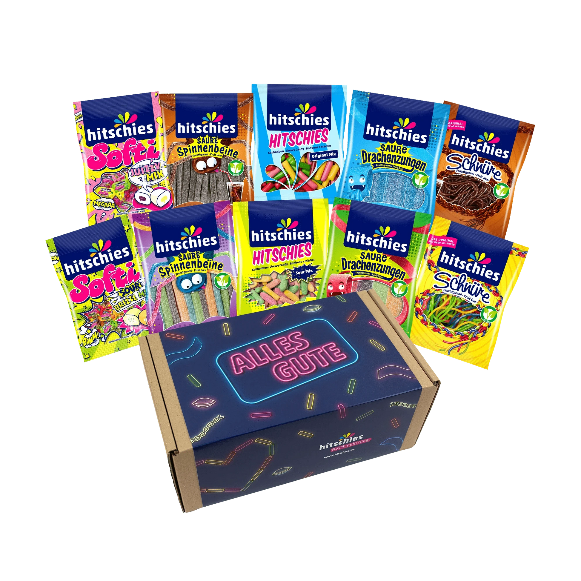 Geschenkbox mit bunten Süßigkeiten, darunter saure Spinnenbeine und verschiedene Mixe.