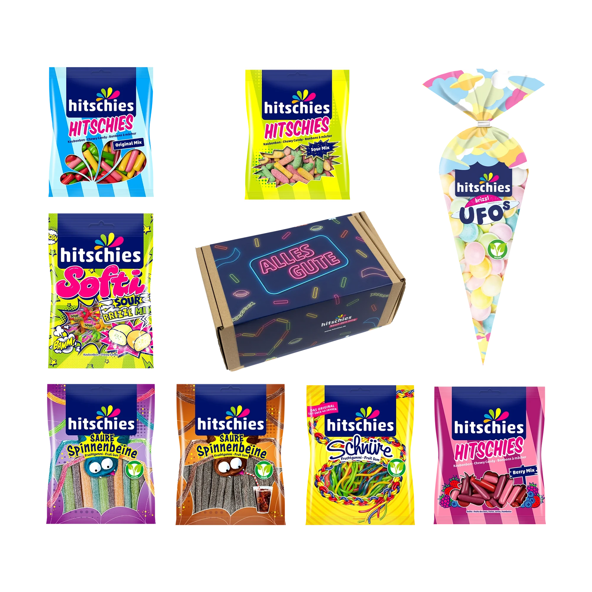 Bunte Geschenkbox mit verschiedenen sauren Hitschies-Süßigkeiten, 1080g, 31x18x13 cm.