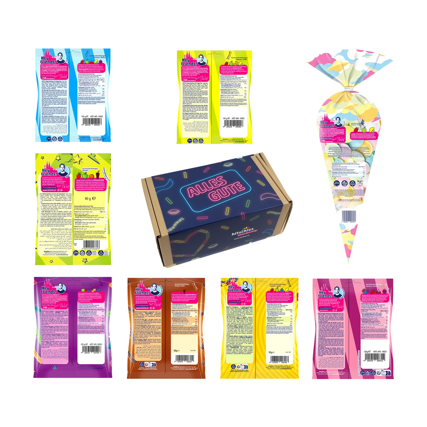 Geschenkbox mit bunten Süßigkeiten und sauren Snacks, 1080g, in einer dekorativen Verpackung.