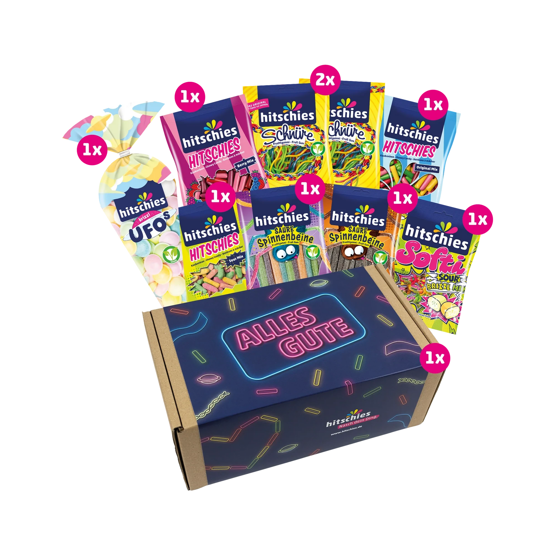 Bunte Geschenkbox mit verschiedenen sauren Hitschies-Süßigkeiten, 1080g, 31x18x13 cm groß.