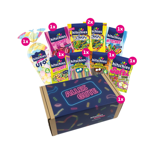 Bunte Geschenkbox mit verschiedenen sauren Hitschies-Süßigkeiten, 1080g, 31x18x13 cm groß.