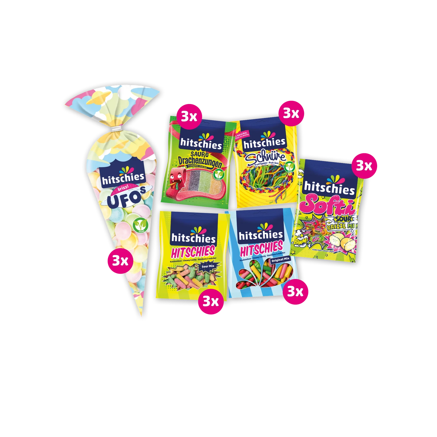 Buntes Bündel mit verschiedenen Süßigkeiten in lebhaften Farben, ideal für Feiern.