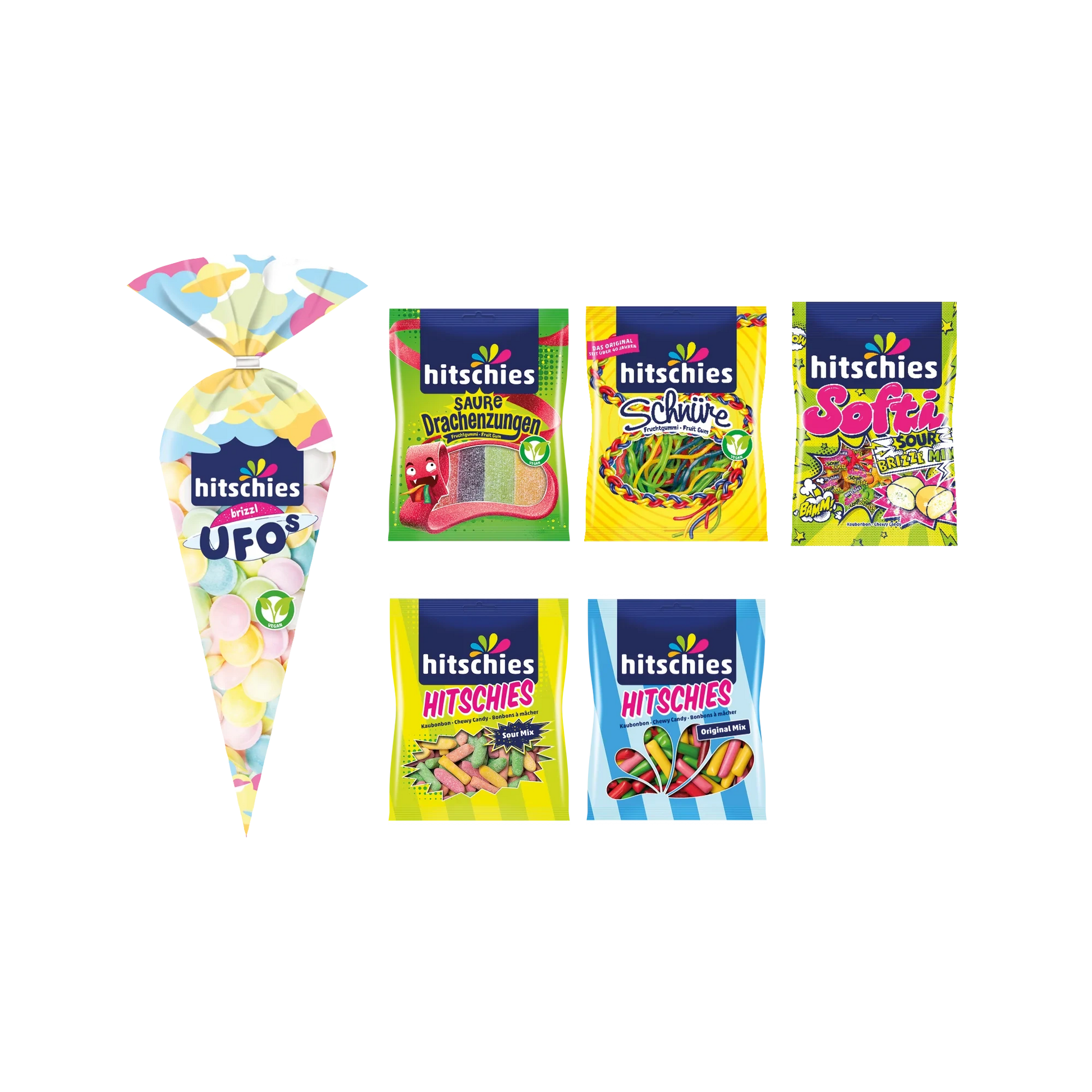 Buntes Bündel mit verschiedenen bunten Hitschies und sauren Süßigkeiten in Verpackungen