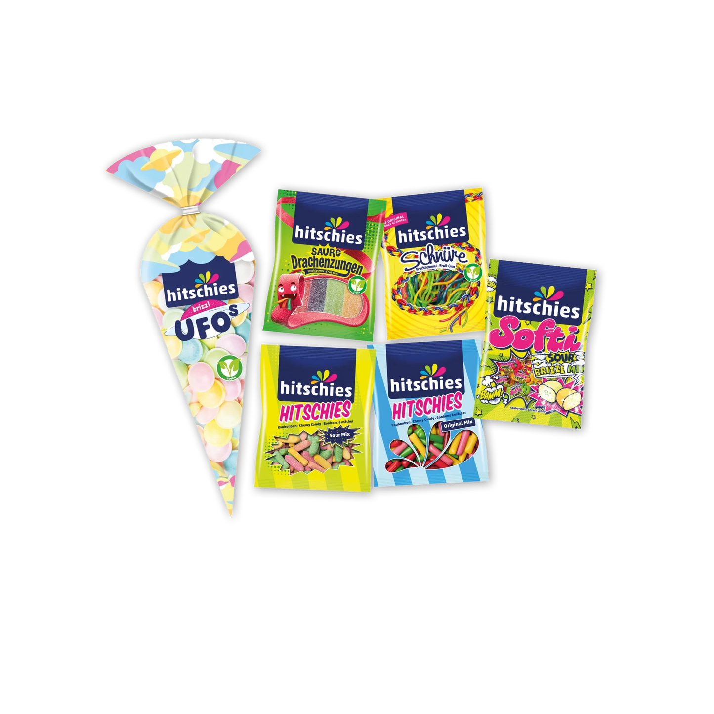 Buntes Bündel mit verschiedenen Süßigkeiten in bunten Verpackungen, ideal für Feiern.