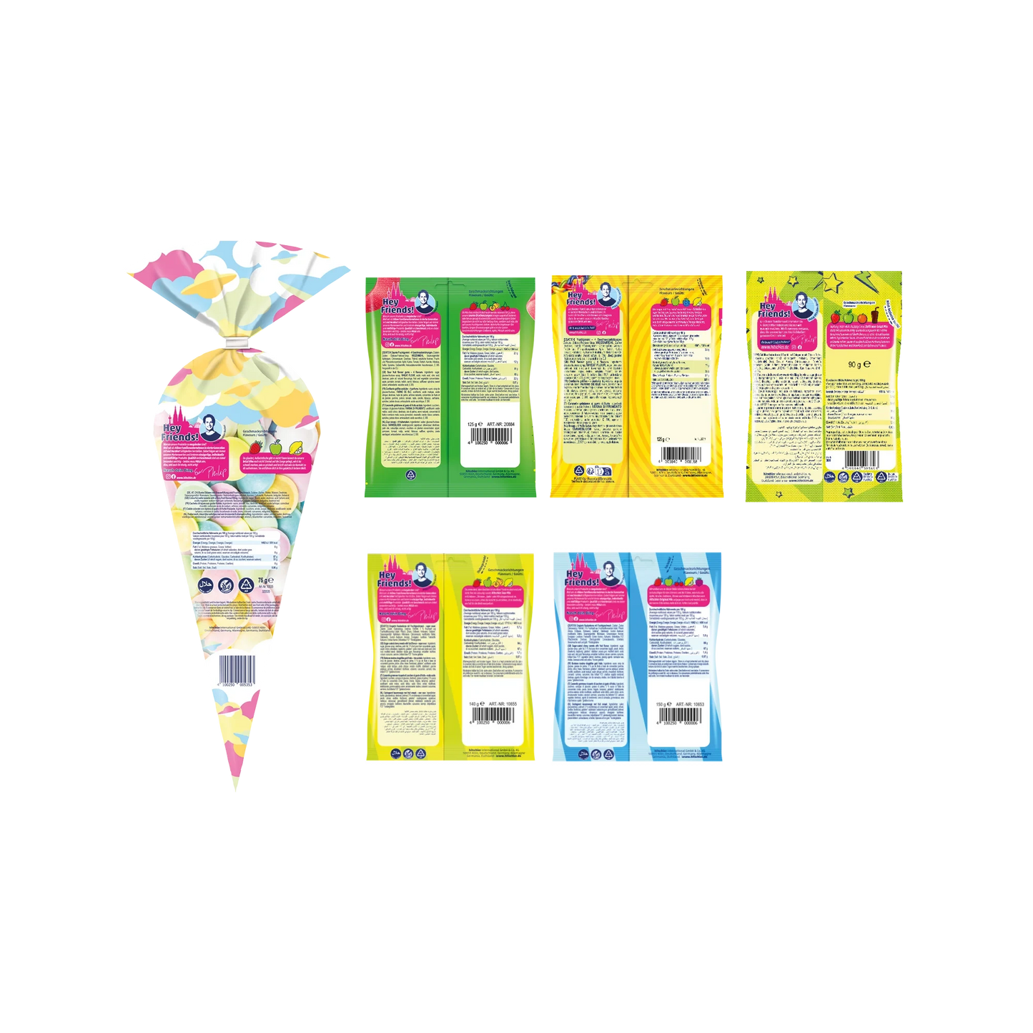 Buntes Bündel mit verschiedenen Süßigkeiten in leuchtenden Farben und unterschiedlichen Verpackungen.