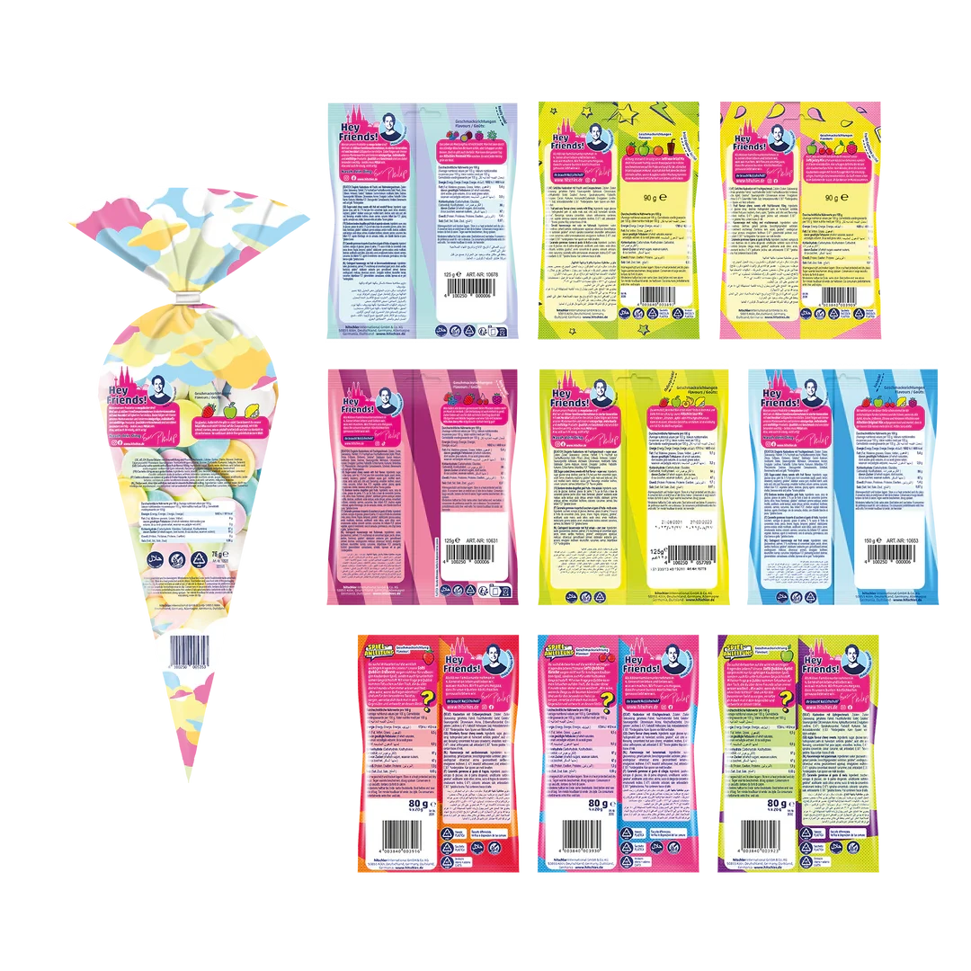 Buntes Bündel mit 20 Beuteln Halal Süßigkeiten in verschiedenen Farben und Geschmacksrichtungen.