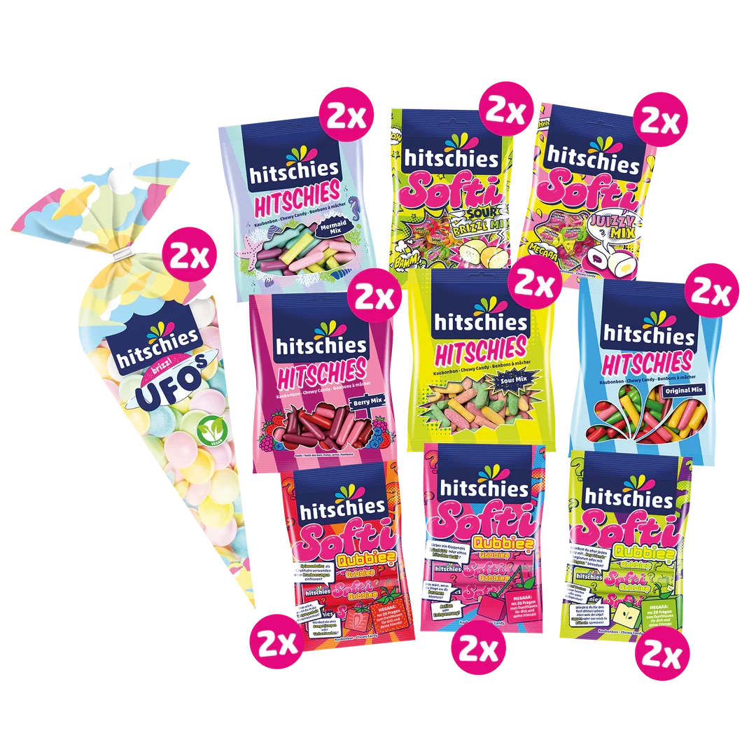 Buntes Bündel mit 20 Beuteln Halal Süßigkeiten in verschiedenen Farben und Geschmacksrichtungen.