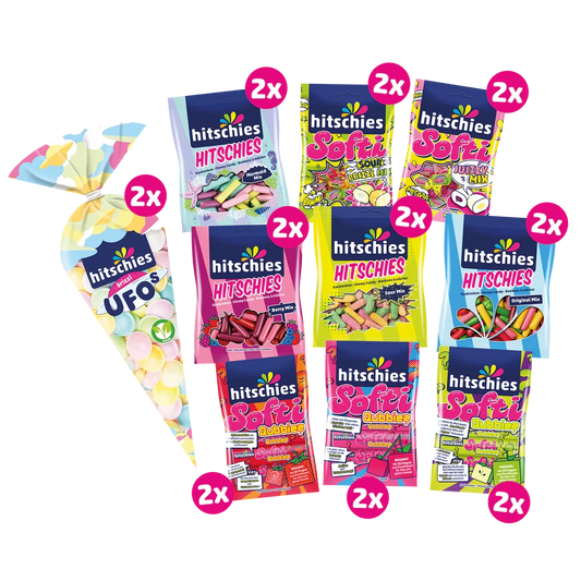 Buntes Bündel mit 20 Beuteln Halal Süßigkeiten in verschiedenen Farben und Geschmacksrichtungen.