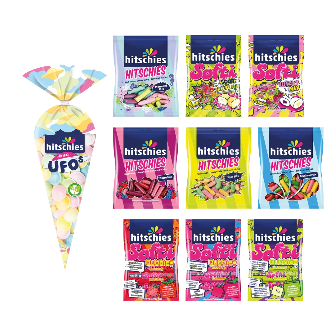 Bunte Hitschies Halal Süßigkeiten in 20 kleinen Beuteln, verschiedene Farben und Sorten sichtbar