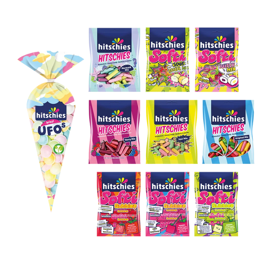 Bunte Hitschies Halal Süßigkeiten in 20 kleinen Beuteln, verschiedene Farben und Sorten sichtbar
