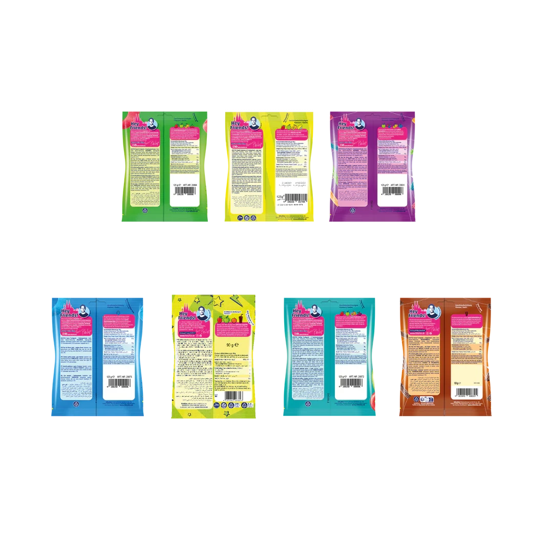 Buntes Bündel mit 28 Tüten saurer Süßigkeiten in verschiedenen Farben und Formen.