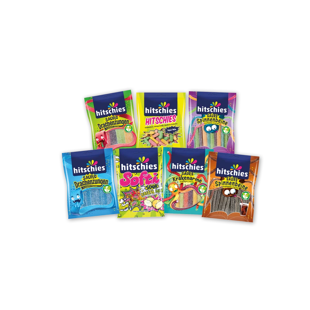 Großes Bündel mit 28 bunten, sauren Hitschies Candy Tüten in verschiedenen Farben und Sorten.