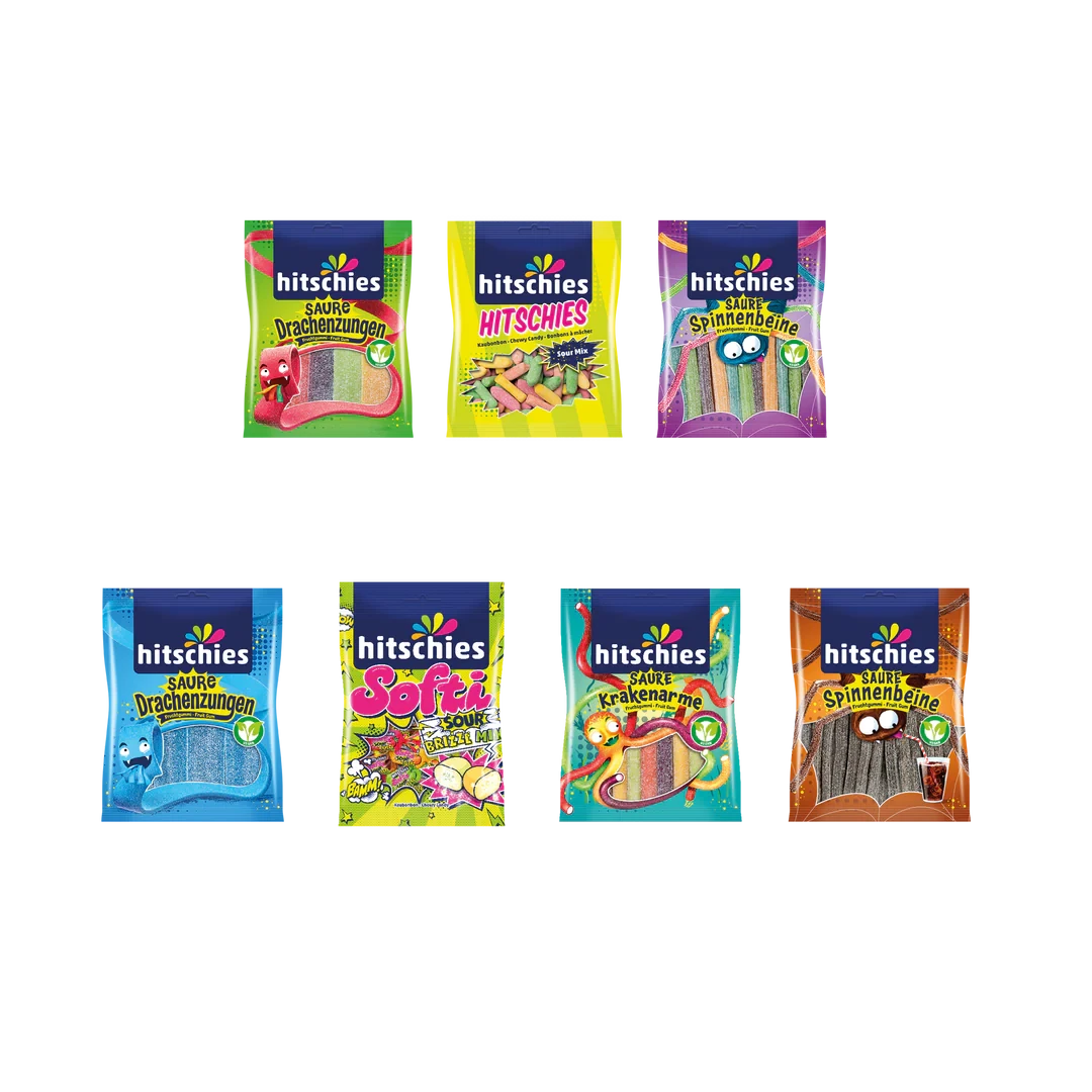 Buntes Bündel mit 28 Tüten saurer Kaubonbons und Fruchtgummis in verschiedenen Farben.