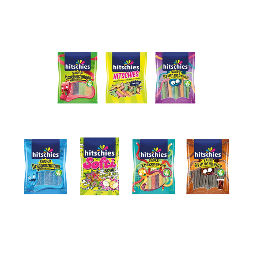 Buntes Bündel mit 28 Tüten saurer Kaubonbons und Fruchtgummis in verschiedenen Farben.