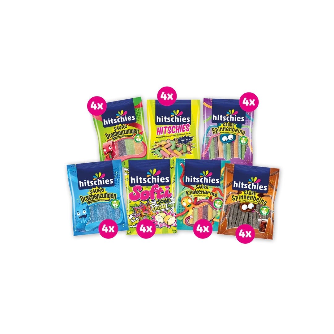 Buntes Bündel mit 28 Tüten saurer Süßigkeiten in verschiedenen Farben und Formen.