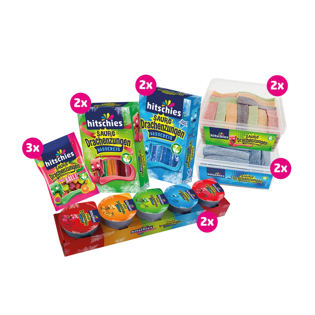 Buntes Bündel mit sauren Drachenzungen in verschiedenen Farben und Sorten von Hitschies.