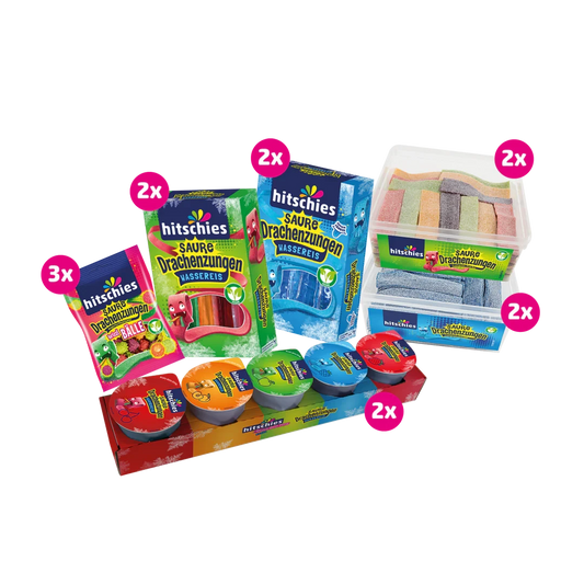 Buntes Bündel mit sauren Drachenzungen in verschiedenen Farben und Sorten von Hitschies.