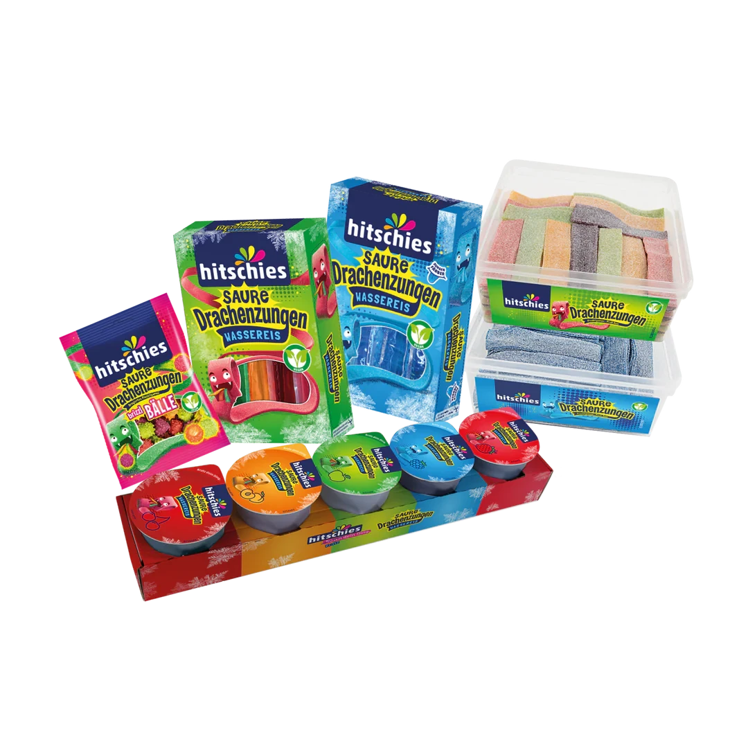 Buntes Bündel mit verschiedenen sauren Drachenzungen in verschiedenen Farben und Sorten.