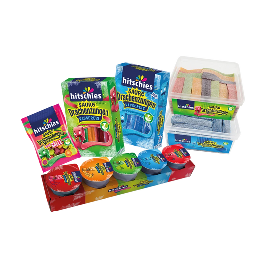 Buntes Bündel mit verschiedenen sauren Drachenzungen in verschiedenen Farben und Sorten.