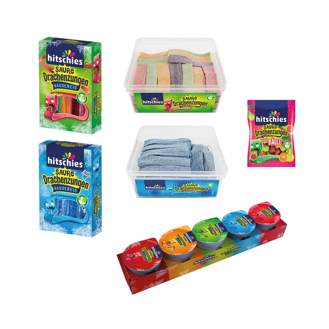 Buntes Bündel mit verschiedenen sauren Drachenzungen in verschiedenen Farben und Sorten.