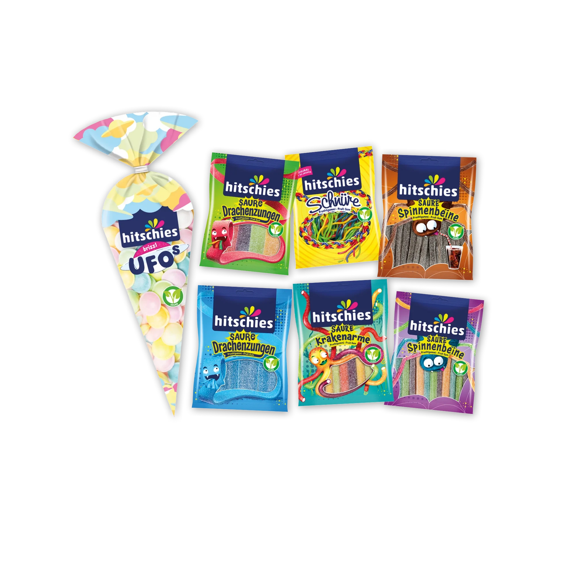 Buntes Bündel vegan mit verschiedenen Süßigkeiten in leuchtenden Farben, 1650g Mischung.