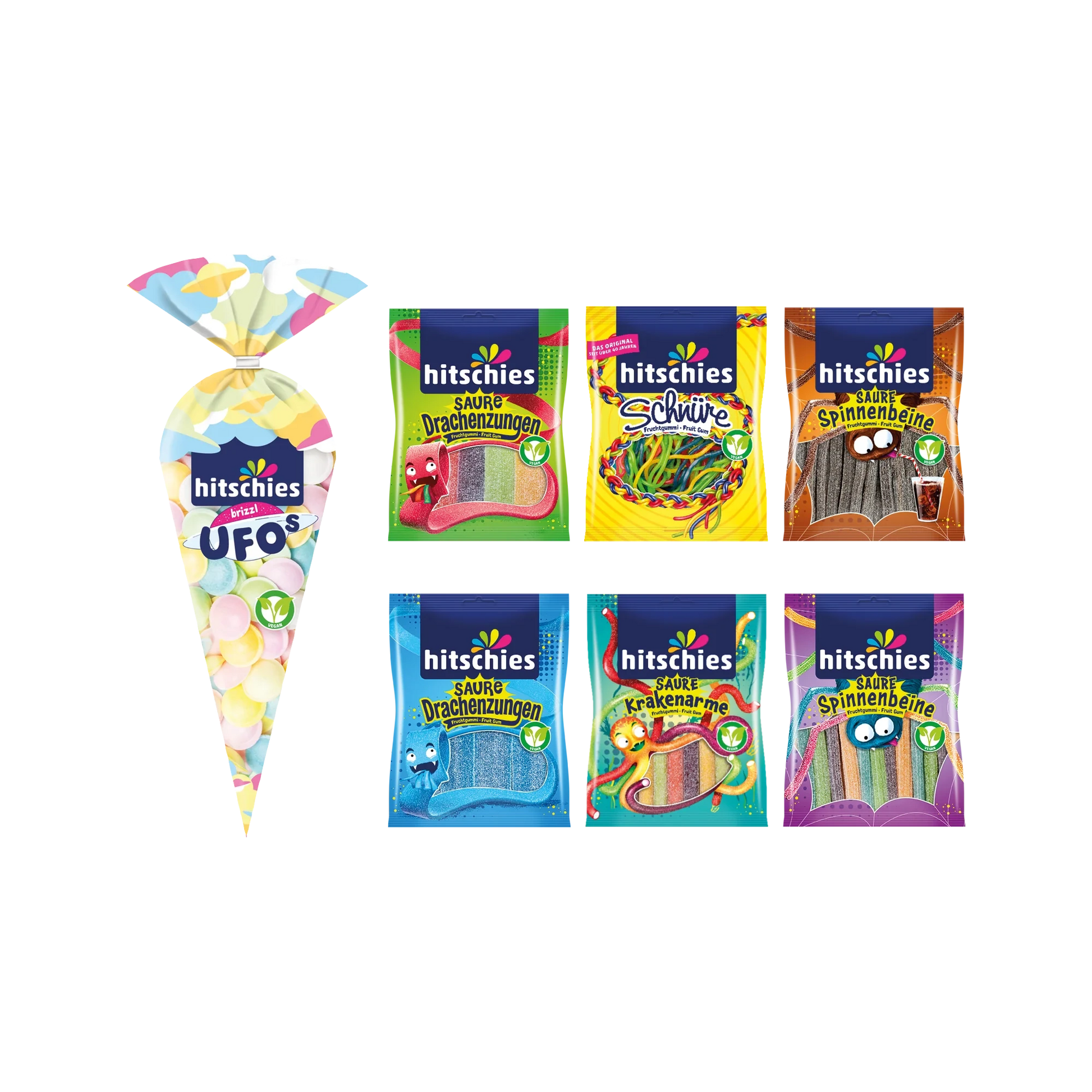 Buntes Bündel mit veganen Süßigkeiten, darunter Drachenzungen und Krakenarme.