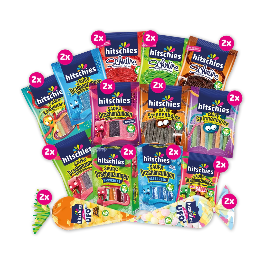 Buntes Bündel mit veganen Fruchtgummis und Wassereis in verschiedenen Farben und Formen.