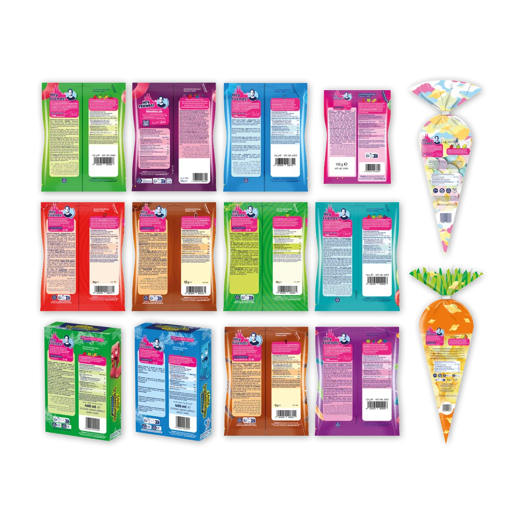 Buntes Bündel mit veganem Fruchtgummi und Wassereis in verschiedenen Geschmacksrichtungen.