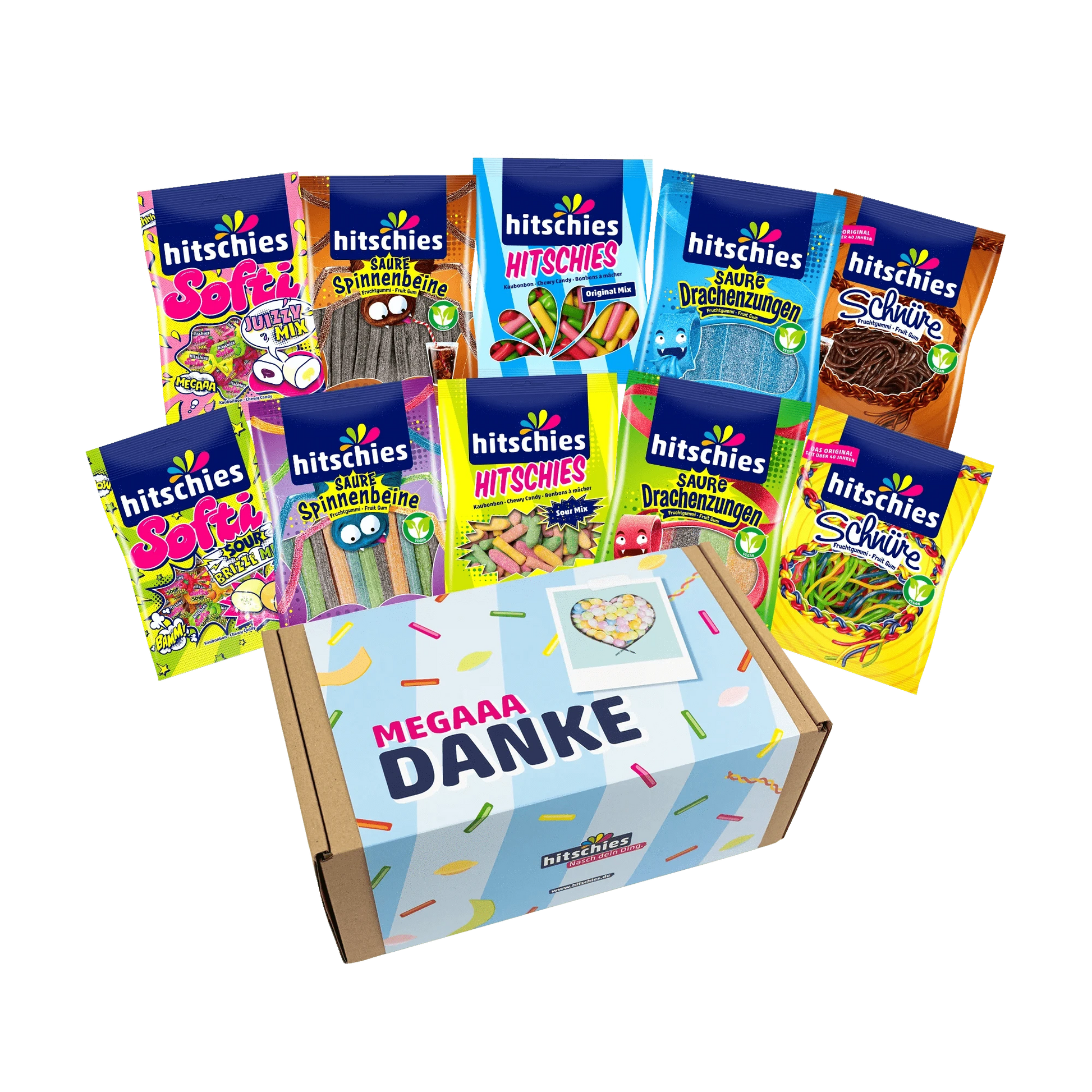 Bunte Hitschies Mega Danke Box mit fruchtig-süßen Süßigkeiten in Geschenkverpackung