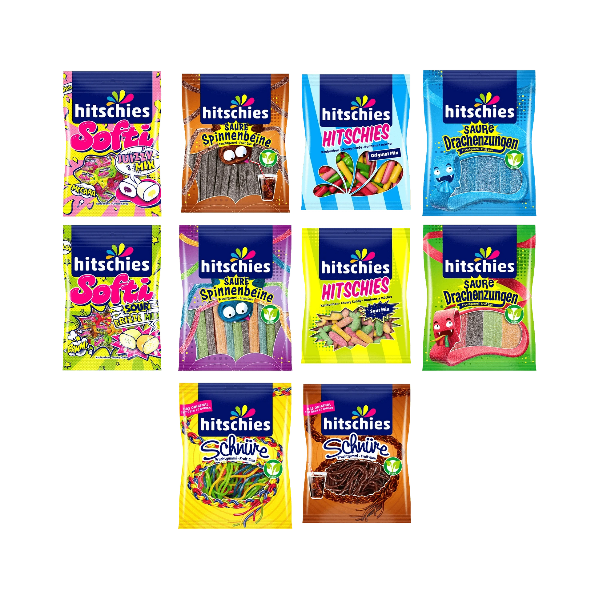 Hitschies Mega Danke Box mit bunten, fruchtigen Süßigkeiten in einer dekorativen Geschenkverpackung.