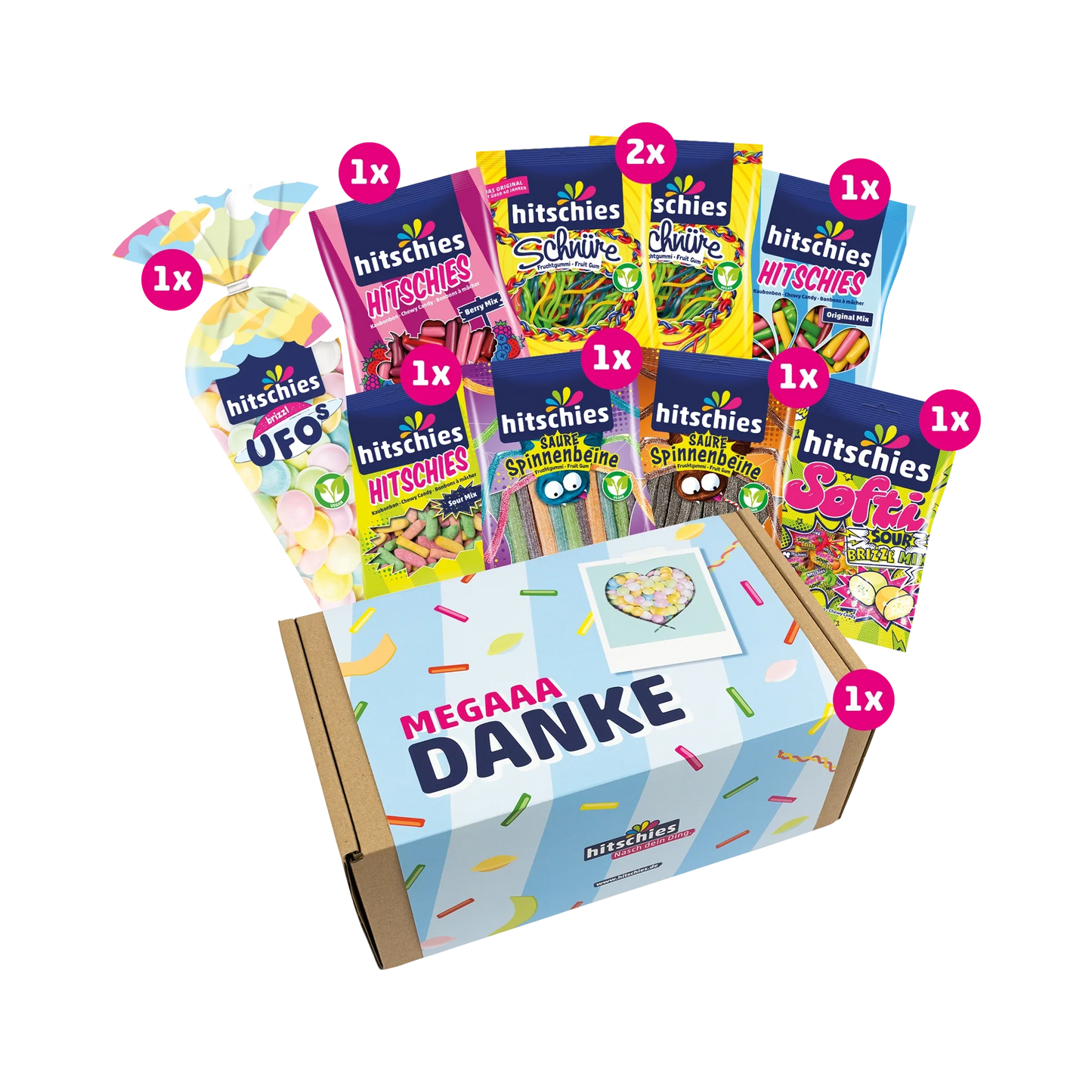Bunte Hitschies Mega Danke Box mit fruchtig-süßen und sauren Süßigkeiten in Geschenkverpackung