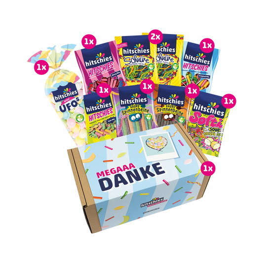 Bunte Hitschies Mega Danke Box mit fruchtig-süßen und sauren Süßigkeiten in Geschenkverpackung