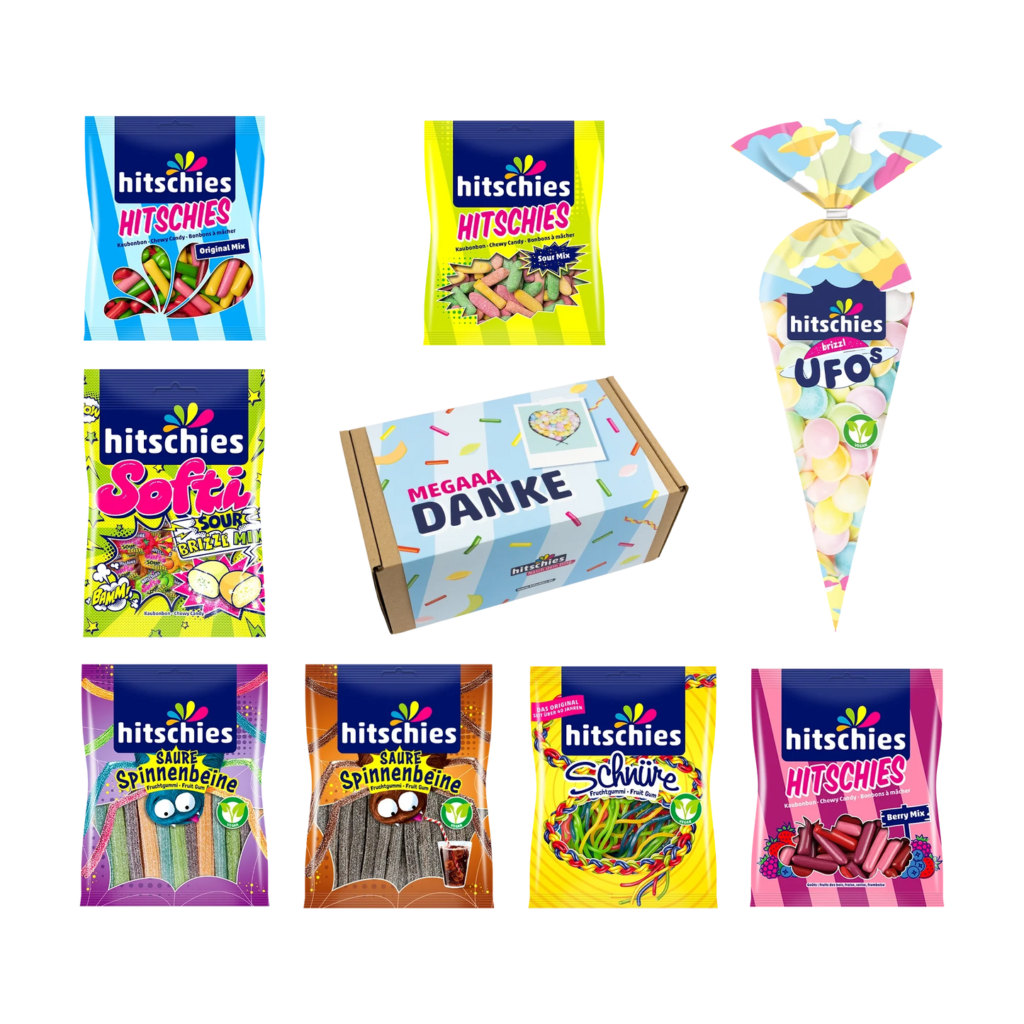 Hitschies Mega Danke Box mit bunten, fruchtigen Süßigkeiten in einer dekorativen Verpackung.