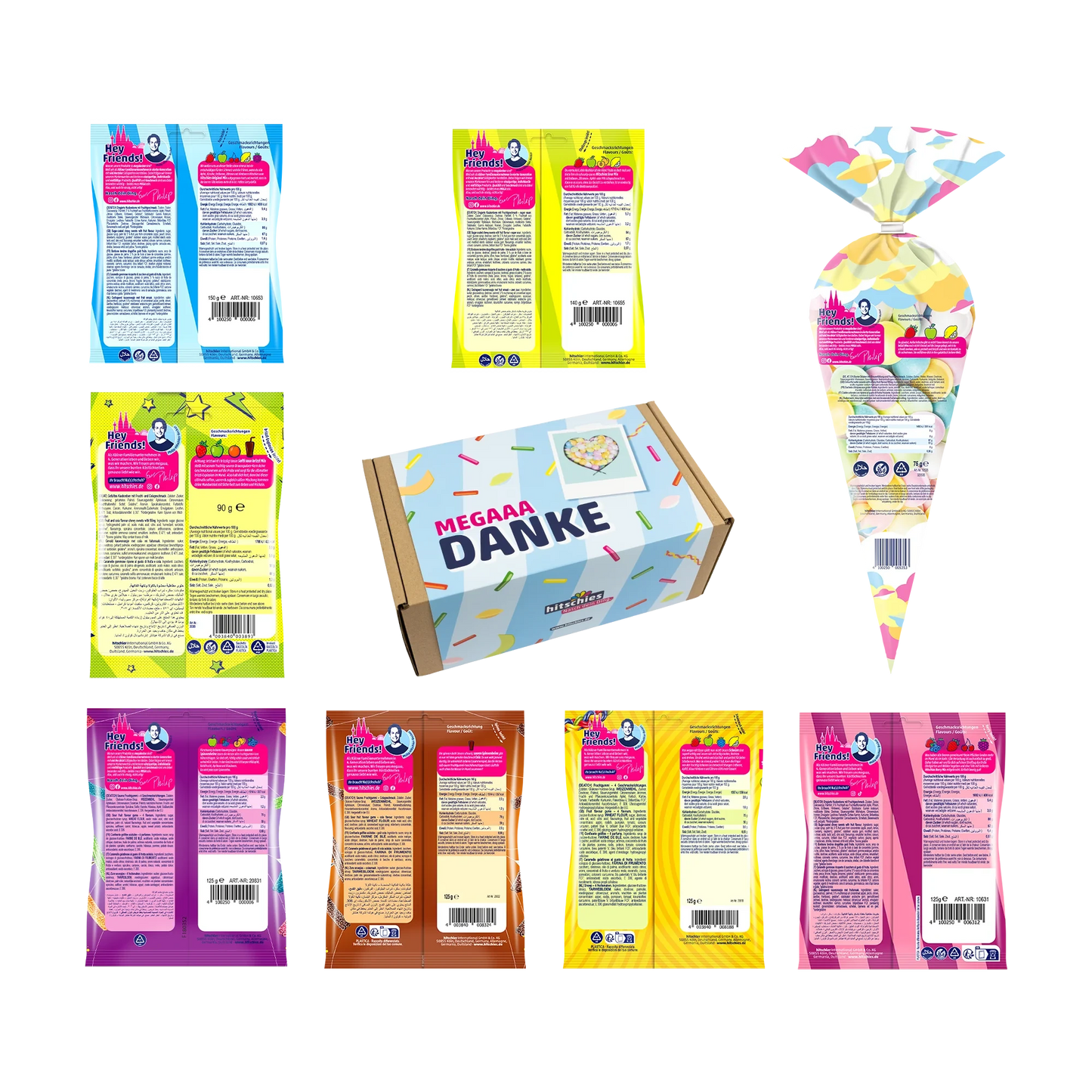 Bunte Hitschies Mega Danke Box mit fruchtig-süßen Süßigkeiten in Geschenkverpackung